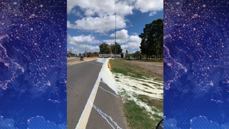 Un camión cisterna de Conaprole volcó en rotonda de Ecilda Paullier y derramó miles de litros de leche
