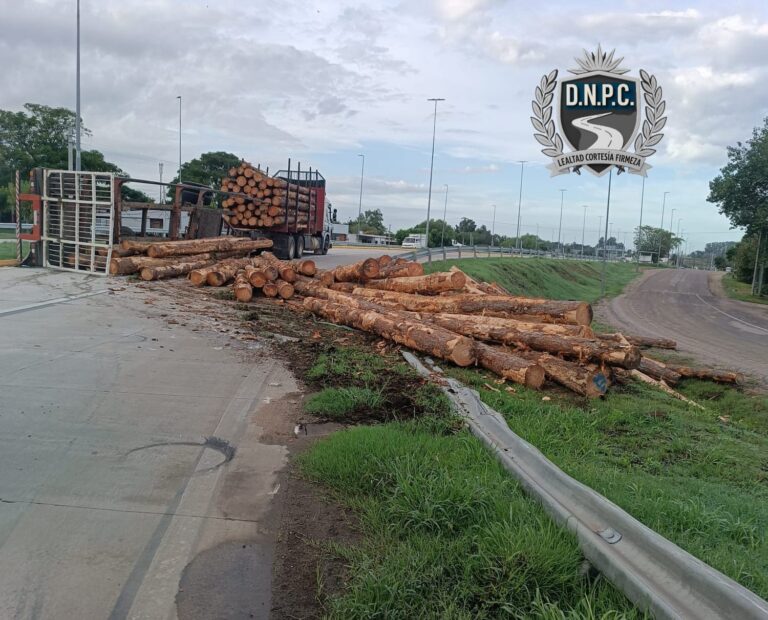 Camión con zorra que trasladaba madera volcó a la salida de una rotonda en la ruta 5 cerca de Mendoza Grande